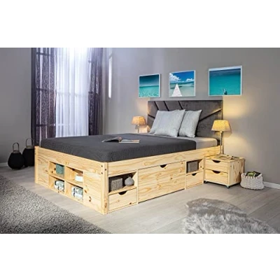 Imagen de Inter Link Cama doble Multifunción Con almacenaje funcional mesillas 6 cajones 8 nichos Madera maciza 2 somieres Natural Claas 140 x 200 cm