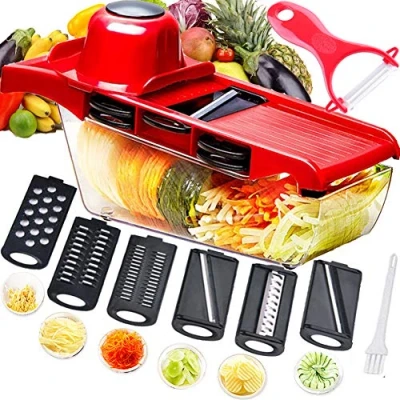 Imagen de Mandolina cortadora multifuncional,cortador de verduras,trituradora alimentos,picadora y rallador,6 cuchillas afiladas acero inoxidable intercambiables con pelador,sistema protección manos
