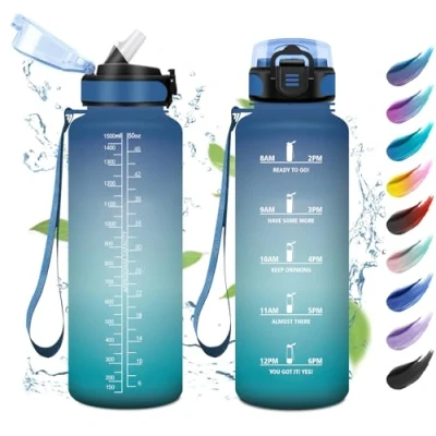 Imagen de Botella de Agua 1.5L, Deportiva con Pajita, Gimnasio, Reutilizable, Fácil Limpiar, Motivadora y Prueba Fugas, Garrafa para Adulto, Colegio