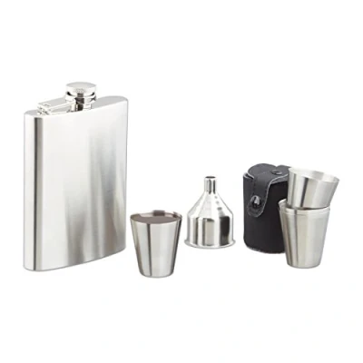 Imagen de Relaxdays, 7 Piezas, Plateado Juego de Petaca 200 ml, Embudo, 4 Vasos y Funda, Acero Inoxidable Cuero