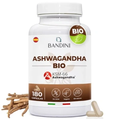 Imagen de Bandini® Ashwagandha BIO KSM 66® Vegano (180 Cápsulas) Ashwaganda Orgánica Suplemento Natural de Polvo Withania Somnifera (Ginseng Indio) Remedio Ayurvédico para el Estrés