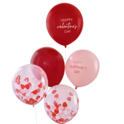 Imagen de Ginger Ray Paquete de globos San Valentín en rosa y rojo con confeti