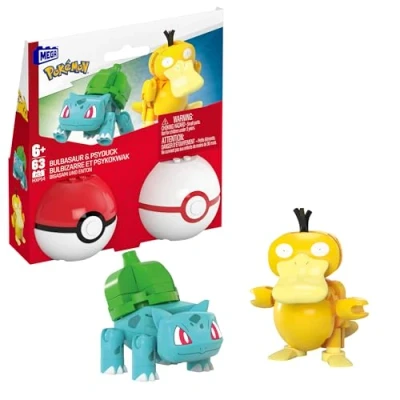 Imagen de Mega Pokémon Conjunto de construcción con Figuras acción, Pack 2 Poké Ball, Bulbasaur y Psyduck, 63 Piezas, para niños niñas + 6 años, HXP14