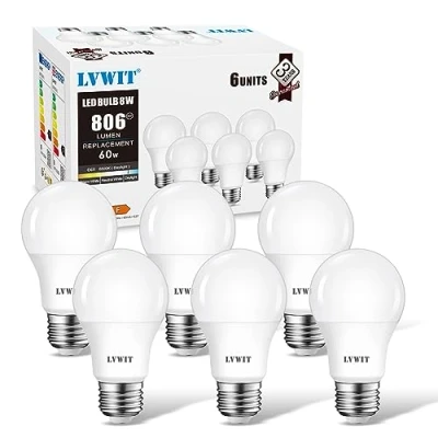 Imagen de LVWIT Bombillas LED E27, 8W Equivalente a 60W, 6500K Luz Blanca Fría, 806 LM, Bajo Consumo, El Ángulo del Haz 150. No Regulable Pack de 6 Unidades.