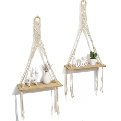 Imagen de Afuly Estanteria Pared Baldas Madera Boho Estante 1 Niveles Macramé Sala Cuarto de Baño Hogar Decoración, Juego 2