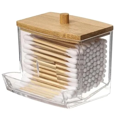 Imagen de Caja de hisopos algodón acrílico con tapa bambú, organizador almacenamiento para encimera baño, tarro algodón, bolas redondas, esponjas maquillaje, dispensador
