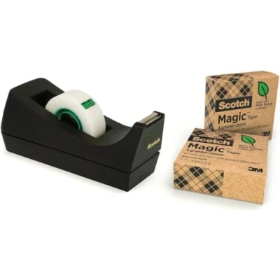 Imagen de Scotch Dispensador de Cinta Adhesiva. Incluye 3 Rollos Magic Green Adhesiva Invisible, 19 mm נ33 m Con Envase Cartón y Núcleo Plástico Reciclables, Adhesivo Base Vegetal
