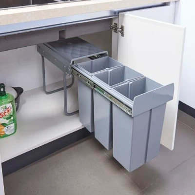 Imagen de [en.casa] Cubo de Basura Empotrable Grande Capacidad 3 x 10 L Papelera con Compartimentos Bajo Fregadero Cómodo Plástico y Acero 48 26 42 cm Gris