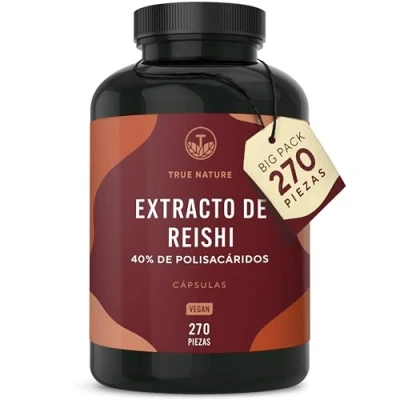 Imagen de Extracto de hongo reishi 270 cápsulas (650mg) Dosis alta: 1950mg al día 40% polisacáridos Suministro para 3 meses Ganoderma Lucidum Vegano, sin aditivos Producción alemana TRUE NATURE