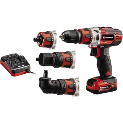 Imagen de Einhell Set de taladro atornillador con batería TE CD 12/1 3X Li (iones litio, 12 V, incl. 2,0 Ah + cargador, pieza adicional angular y excéntrica, maletín conservación)
