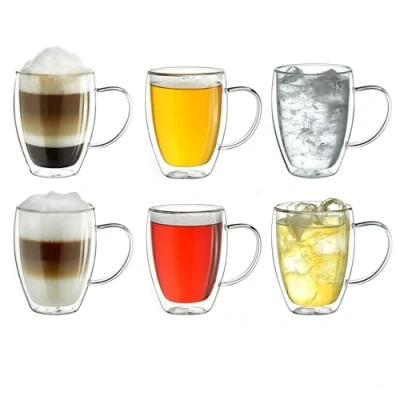 Imagen de Creano vaso térmico de doble pared con asa 400ml, grande vidrio borosilicato, vasos para café, té, café leche 6x 400ml 6 piezas (paquete 1)