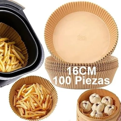 Imagen de Papel para freidora de aire, horno aire redondo, pergamino antiadherente desechable sin perforar hornear, asar Microondas Sartén (16cm) [Pack 100 Piezas]