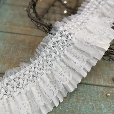 Imagen de Yulakes cinta de encaje 3D blanca con apliques para bordar, elástica plisada guipur ribete tela volantes, faldas vestido, tocado, costura,