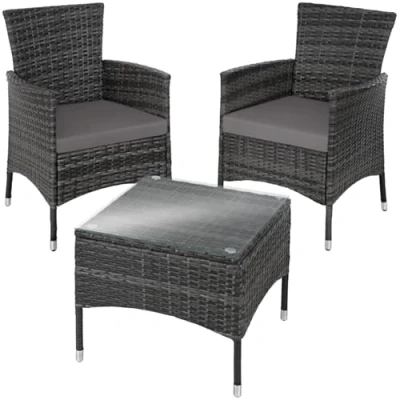 Imagen de TecTake® Conjunto Jardín Exterior de Ratán y Acero para 2 Personas, Muebles Resistentes a Intemperie, Sillones 1 Mesa Cristal, Fácil Montaje Limpieza, Incl. 4 Fundas Gris