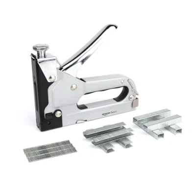 Imagen de Amazon Basics Grapadora industrial, 3 en 1, con 600 grapas, para tapizados, reparaciones del hogar, carpintería, decoración y muebles, Gris