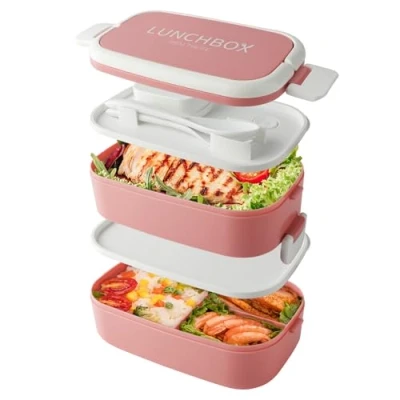 Imagen de Beeptrum Fiambrera Bento Apilable,Envases de 1500ml con 4 Compartimentos y Cubiertos, Cajas 2 Capas a Prueba Fugas, para Adultos Niños Oficina, Apta Microondas Lavavajillas(Rosa)
