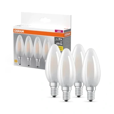 Imagen de OSRAM LED BASE B40, paquete de 4 bombillas, reemplaza bombillas incandescentes tradicionales 40W, 4W, blanco cálido (2700K), vidrio mate, no regulable, forma vela, E14