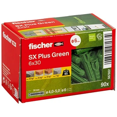 Imagen de fischer Tacos pared Ecológicos para hormigón SX Plus GREEN 6x30 de materiales renovables fijar lámparas, cuadros, aires acondicionados (caja 90 unidades)