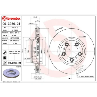 Imagen de BREMBO 09.C986.21 Disco de freno 350 34 5 ventilación interna revestido altamente carbonizado con tornillos