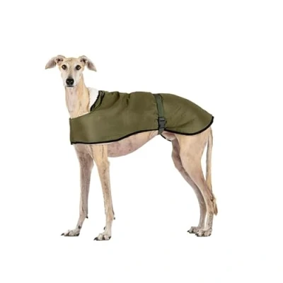 Imagen de Abrigo Impermeable para Galgos: Estilo, Protección contra el Frío y la Lluvia Forro de Borreguito, Aislamiento Térmico, Orificio Arnés Ideal Galgo, Greyhound, Podencos Khaki, L