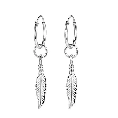 Imagen de pendientes de Plata 925, aro con colgante pluma, colgantes para mujer, hombre, ley, sans_piedra, sans_pierre, sin piedra