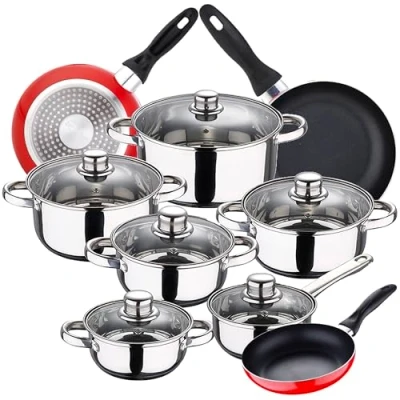 Imagen de Bateria de cocina 12 piezas SAN IGNACIO Cassel, acero inoxidable, con juego sartenes (16/20/24 cm) Navy Red en aluminio prensado