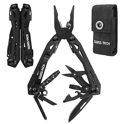 Imagen de Swiss+Tech Alicates Multifunción, 16 en 1 Multiusos, Herramienta Multifuncional Plegable de Acero Inoxidable con Sierras Destornillador Lima para Camping Senderismo, Negro