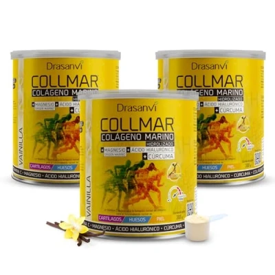 Imagen de Drasanvi COLLMAR Colageno Marino Hidrolizado + Cúrcuma con Magnesio, Vitamina C, Ácido Hialurónico para bienestar articular y muscular, asimilación 9.355 mg/día, 3 x 300 g de polvo, Sabor Vainilla