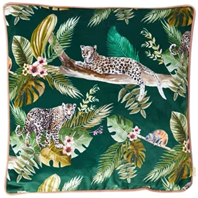 Imagen de Evans Lichfield Funda de cojín Leopardo la Selva, Terciopelo poliéster, Verde, 43 x cm (Pack of 1)