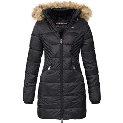 Imagen de Geographical Norway Abeille Lady Parka Mi Epaisse Chaude Femme Automne Hiver Manteau Fin Capuche Fausse Fourrure Blouson Coupe Vent Cadeau Ideal Elegant Femmes (Noir L Taille 3)
