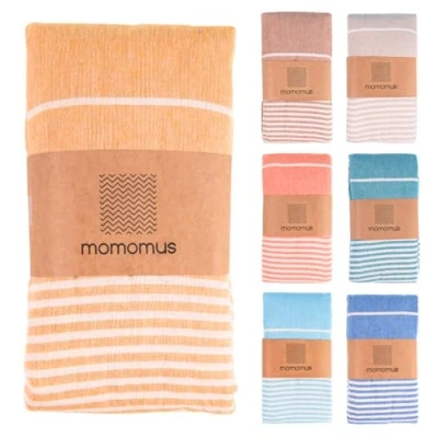 Imagen de MOMOMUS Fouta Playa XXL, con Flecos y 100% Algodón Ideal como Toalla de Grande Antiarena, Manta Picnic sin Arena, Pareo Gigante o Alfombra Piscina Mostaza, 210x240 cm
