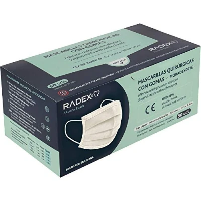 Imagen de RADEX 85005070. Caja de 50 Mascarillas Quirúrgicas Tipo IIR con Gomas, Blanco, Fabricado en España, Tres Capas, Material Hipo Alergénicos, Resistente a Salpicaduras