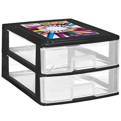 Imagen de COM FORT HOUSE Cajonera Apilable de Plástico Modelo Transparente Color Negro 2 Cajones Almacenamiento Modular