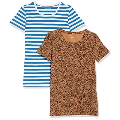 Imagen de Amazon Essentials Camiseta de Cuello Caja Manga Corta y Ajuste Clásico Mujer, Pack 2, Azul Rayas/Camel Animal, S