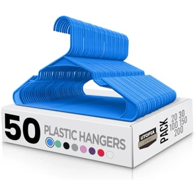 Imagen de Utopia Home Pack de 50 Perchas para Abrigos Plástico Azul Que ahorran Espacio dur aderas y Finas con Ranuras los Hombros