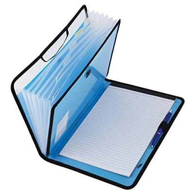 Imagen de D.RECT Maletín portadocumentos, bloc de notas, carpeta clasificadora, ampliable, portátil, goma redonda con botón cierre, 7 compartimentos A4 azul