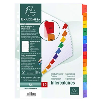Imagen de Exacompta 1113E Separadores en cartulina blanca 160g/m2 FSC® con 12 pestañas impresas mensualmente de enero a diciembre color Ficha imprimible Formato archivo A4