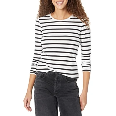 Imagen de Amazon Essentials Camiseta de Cuello Caja, Manga Larga y Ajuste Clásico (Disponible en Tallas Grandes) Mujer, Blanco Rayas/Negro, XS