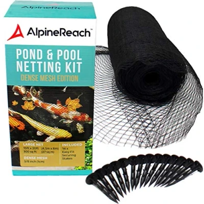 Imagen de AlpineReach 4,5m x 6m Red para Estanque Koi, Malla Tejida Super Resistente Cubierta de Hojas, Protege los Peces Koi Garza Azul Pájaros Gatos, Protección UV, Estacas Incluidas, Reutilizable, Negro
