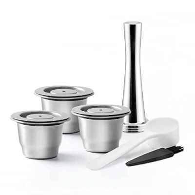 Imagen de RECAFIMIL Cápsulas de café reutilizables, 3 unidades, recargables, con prensador, acero inoxidable, compatibles máquina Nespresso