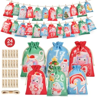 Imagen de WUQNGI Calendario Adviento para Rellenar 24 Piezas，Calendario de Rellenable 2024，Bolsas DIY Decoración Navideña，Calendario Tela