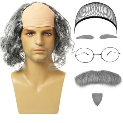 Imagen de UILYNIU 7 Piezas Juego de Peluca Calva Disfraz Hombre Abuelo Calvo Bigote Falso Cejas Gorro Gafas Accesorios (Gris Rizado)