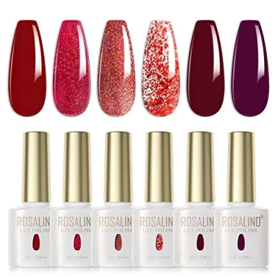 Imagen de ROSALIND Esmaltes Semipermanentes Rojo Oscuro Vino Morado Brillo 6 Colores Kit Pintauñas Uñas de Gel UV en Nail Polish Esmalte Valentín