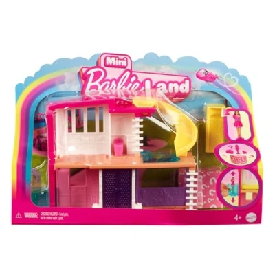 Imagen de Barbie mini Barbieland Casa de muñecas dos pisos para figuras con muñeca pequeña morena y accesorios sorpresa, juguete +4 años (HYF47)