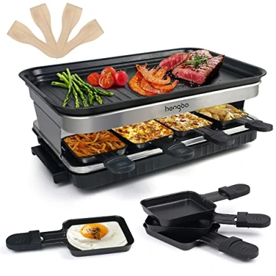 Imagen de Raclette Grill Parrilla con Antiadherente Revestido de Térmicamente Aislado Asas 8 Queso Sartenes para Personas 1500W Negro