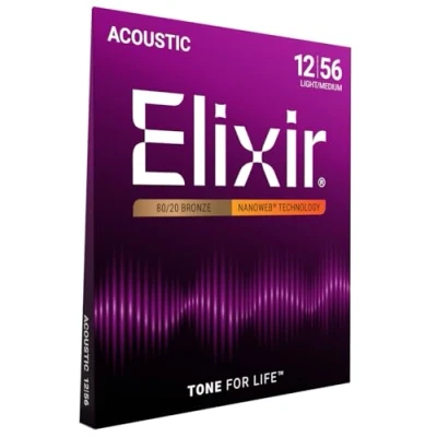 Imagen de Elixir Cuerdas de guitarra acústica Strings bronce en proporción 80/20 con recubrimiento NANOWEB, calibre ligero/mediano, 1 Pack, Light Medium (12 56)