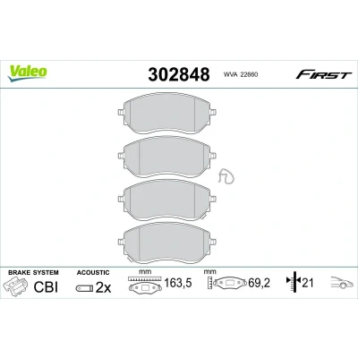 Imagen de VALEO 302848 Juego de pastillas freno Eje delantero con contacto avisador desgaste sin tornillos, Chapa antichirridos