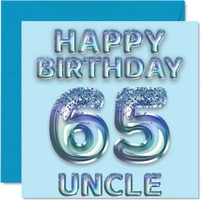 Imagen de Tarjeta de cumpleaños número 65 para tío, globos fiesta con purpurina azul, tarjetas feliz tío años sobrino sobrino, felicitación 145 mm x