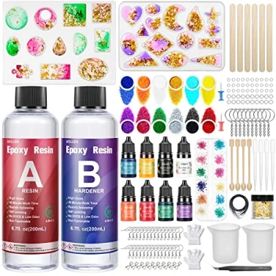 Imagen de AOLLEN resina epoxi transparente 2 partes 400 ml Kit completa con molde epoxi, colorante lentejuelas, hoja de oro, para fabricación joyas, collar, llavero