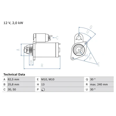 Imagen de BOSCH 0 986 023 000 Motor de arranque 12V 2kW 13 50, 30 rechts 82,5mm MERCEDES BENZ: Sprinter 3.5 T Furgoneta, Clase E Sedán